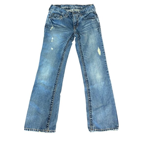 American Eagle Womens Distressed Bootcut Jeans Size 29/32 Blue Cotton - Picture 1 of 5